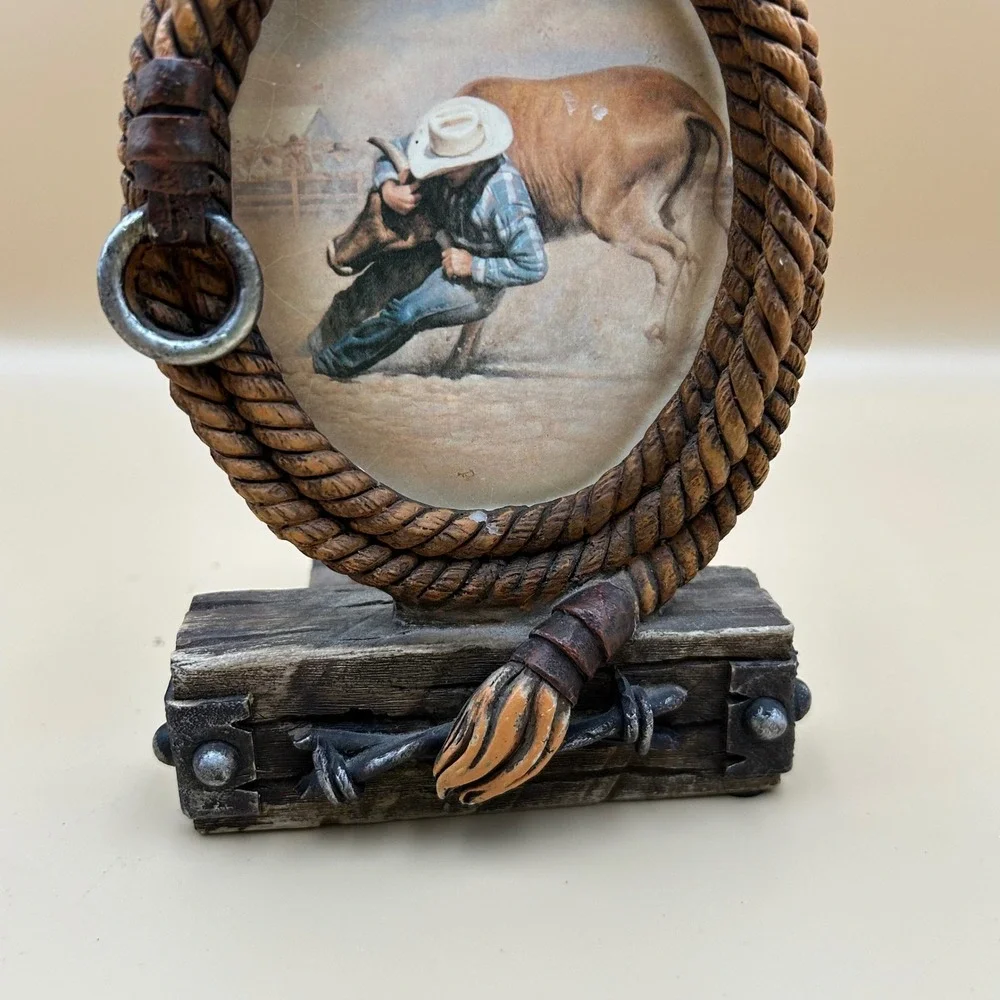 Western Rodeo Cowboy Steer Wrestling Laso Rope Votive Candle Holder Rustic Frame